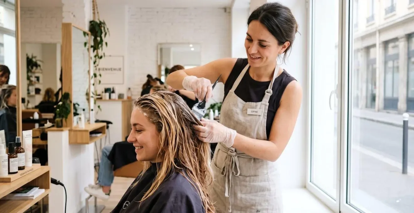 Une coiffeuse applique délicatement un soin capillaire sur les cheveux colorés d'une cliente dans un salon contemporain baigné de lumière naturelle