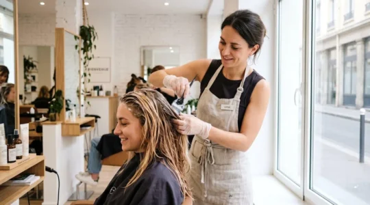 Une coiffeuse applique délicatement un soin capillaire sur les cheveux colorés d'une cliente dans un salon contemporain baigné de lumière naturelle