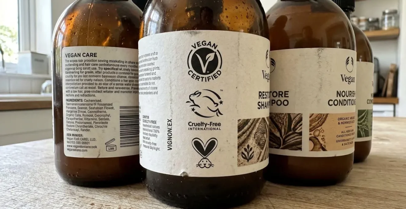 Gros plan sur des étiquettes de produits capillaires véganes posés sur une surface en bois clair, montrant des logos de certification légèrement floutés