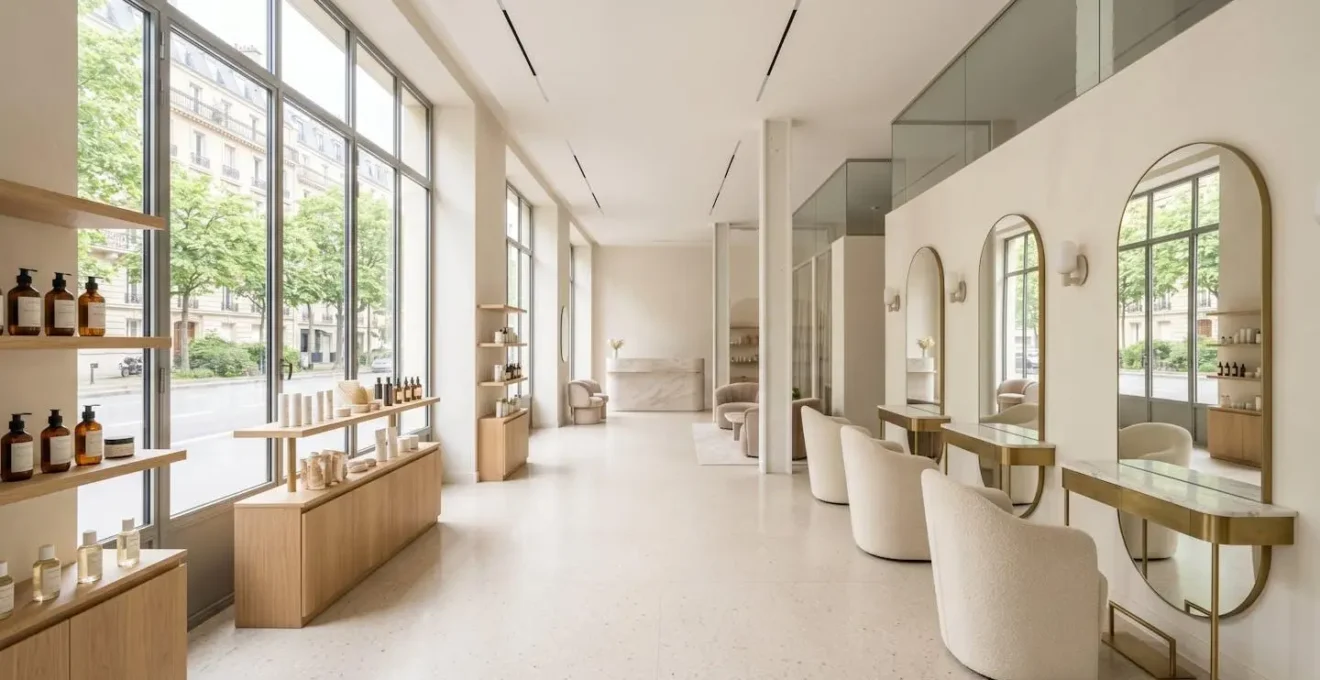 Intérieur d'un salon de coiffure contemporain aux lignes épurées, avec des produits véganes soigneusement rangés sur des étagères design, baigné de lumière naturelle