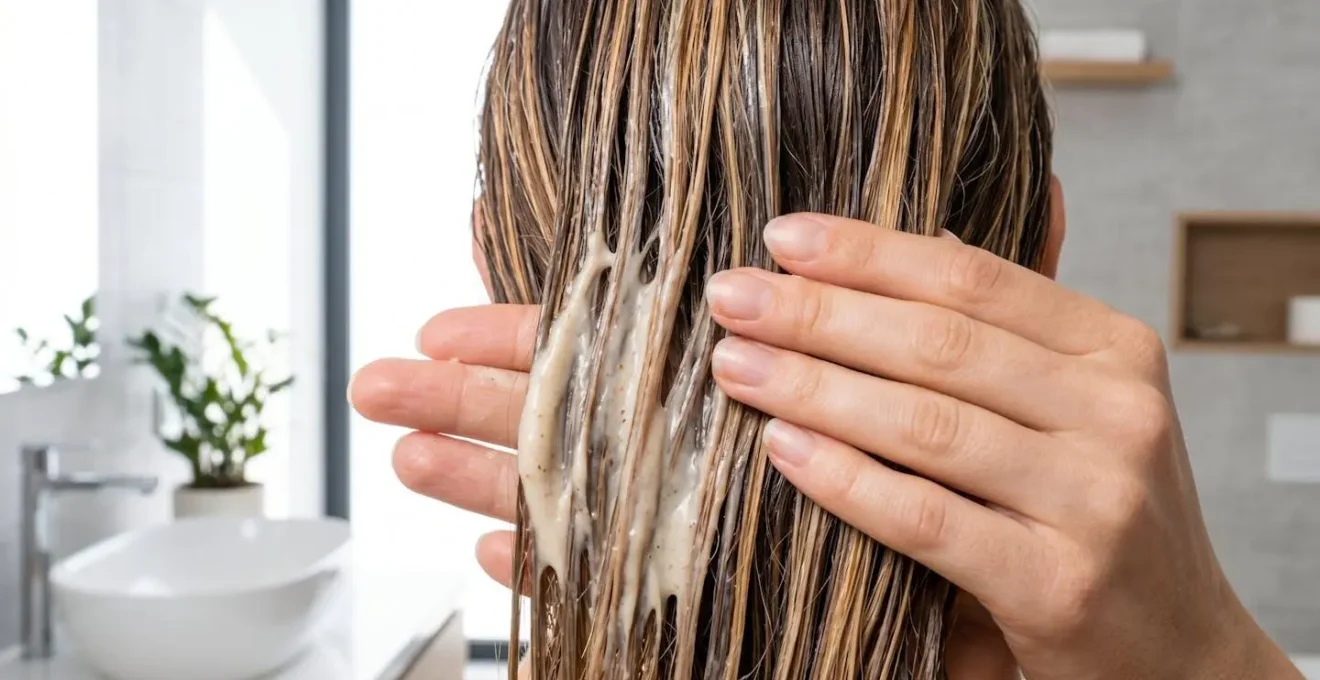Gros plan sur des mains appliquant délicatement un masque capillaire à la texture crémeuse sur des cheveux colorés